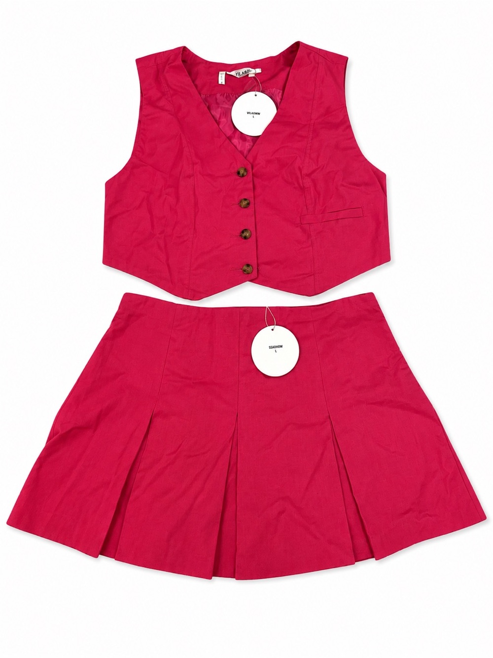 Unknown Brand Girls' Raspberry Pink Vest and Pleated Skirt Set